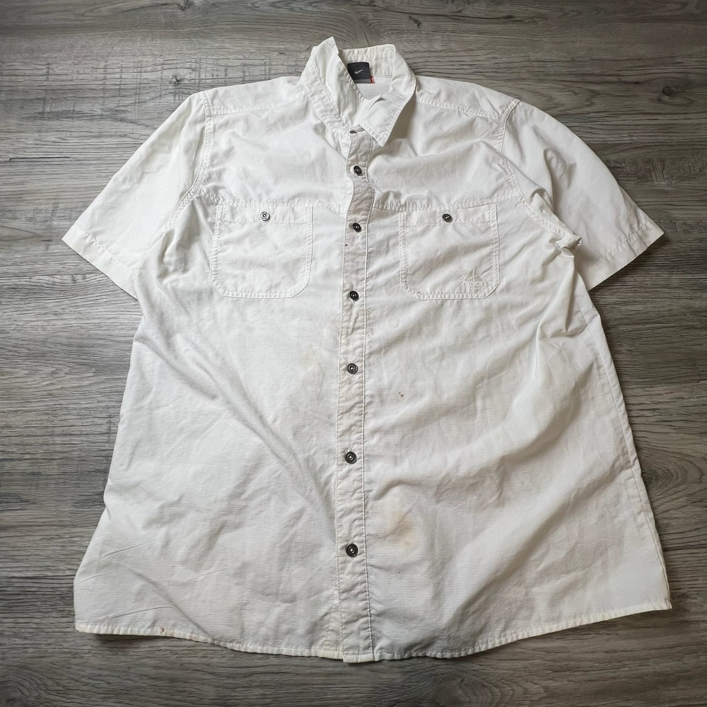 Nike ACG Button Up Shirt Mens XL White Short Sleeve Ripstop Nylon Hiking Vented